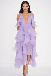 Chiffon Tiefe V-Ausschnitt Flieder Ballkleid mit Rüschen